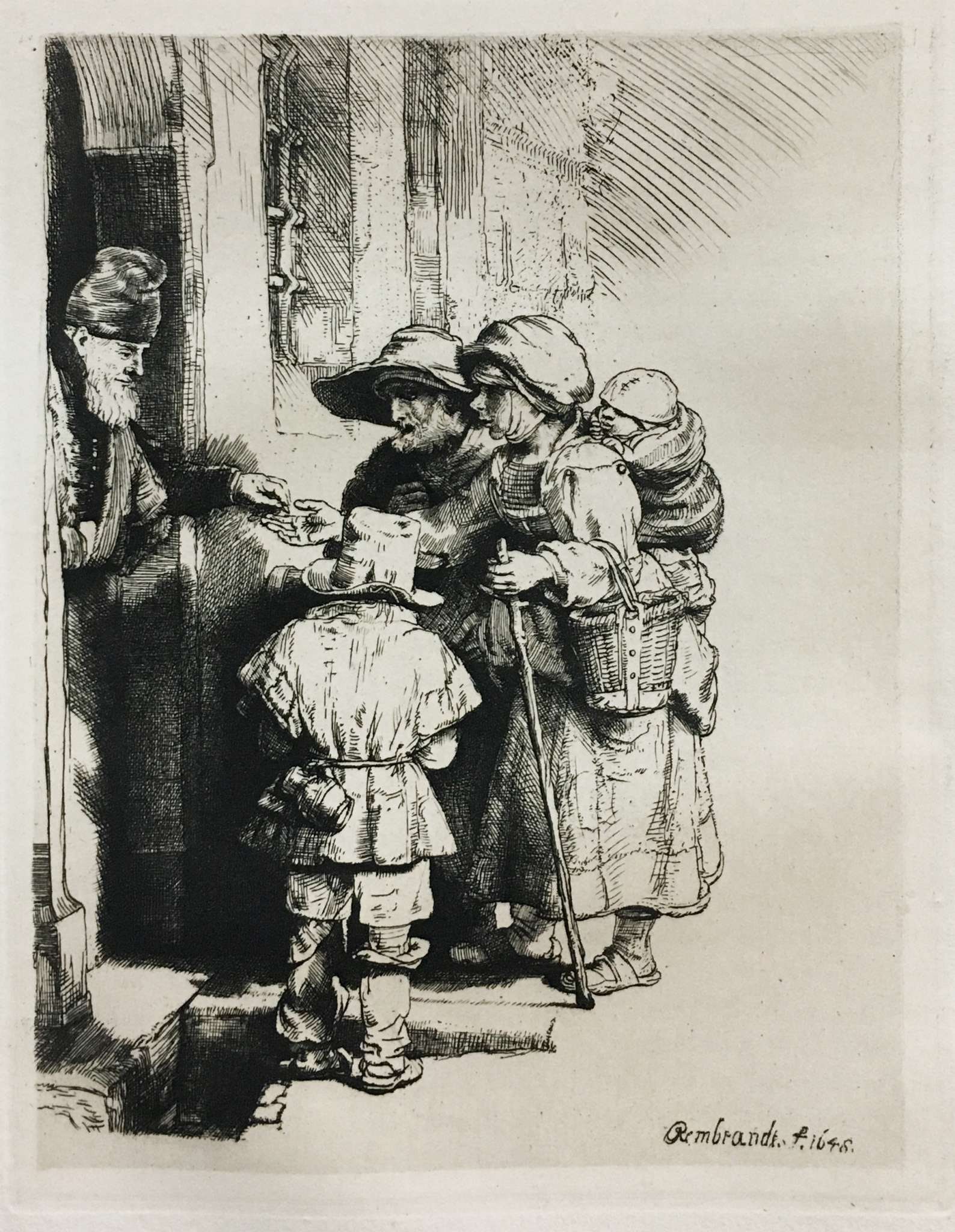 Rembrandt van Rijn (After) - Beggars Receiving Alms at the Door: Artist: Rembrandt van Rijn (After) Title: Beggars Receiving Alms at the Door Year: 1880 Dimensions: 8 1/2 x 12 1/4 in Edition: From the limited edition Publisher: Macmillan and Co Suite: Etchings and