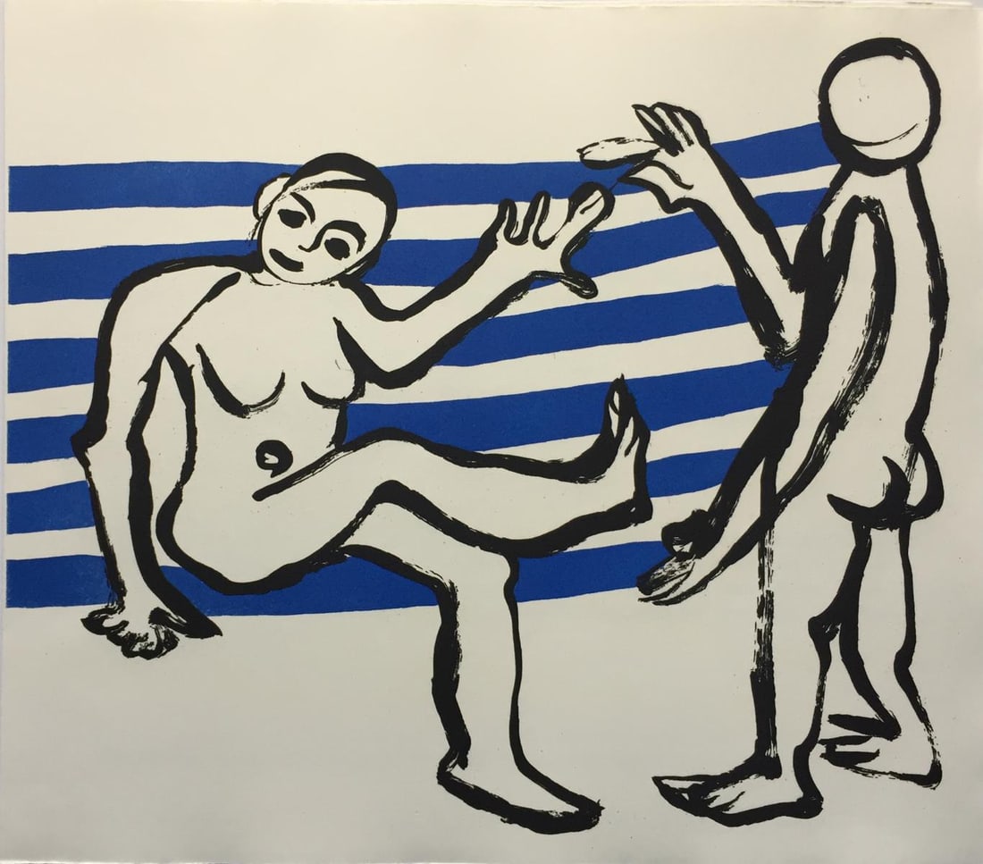 Alexander Calder - Untitled (Figures with Blue Stripes): Artist: Alexander Calder Title: Untitled (Figures with Blue Stripes) Year: 1976 Dimensions: 16 1/4in. by 17 3/4in. Edition: From the Rare Limited Edition of 200 Publisher: Maeght Suite: Le Sacrilege