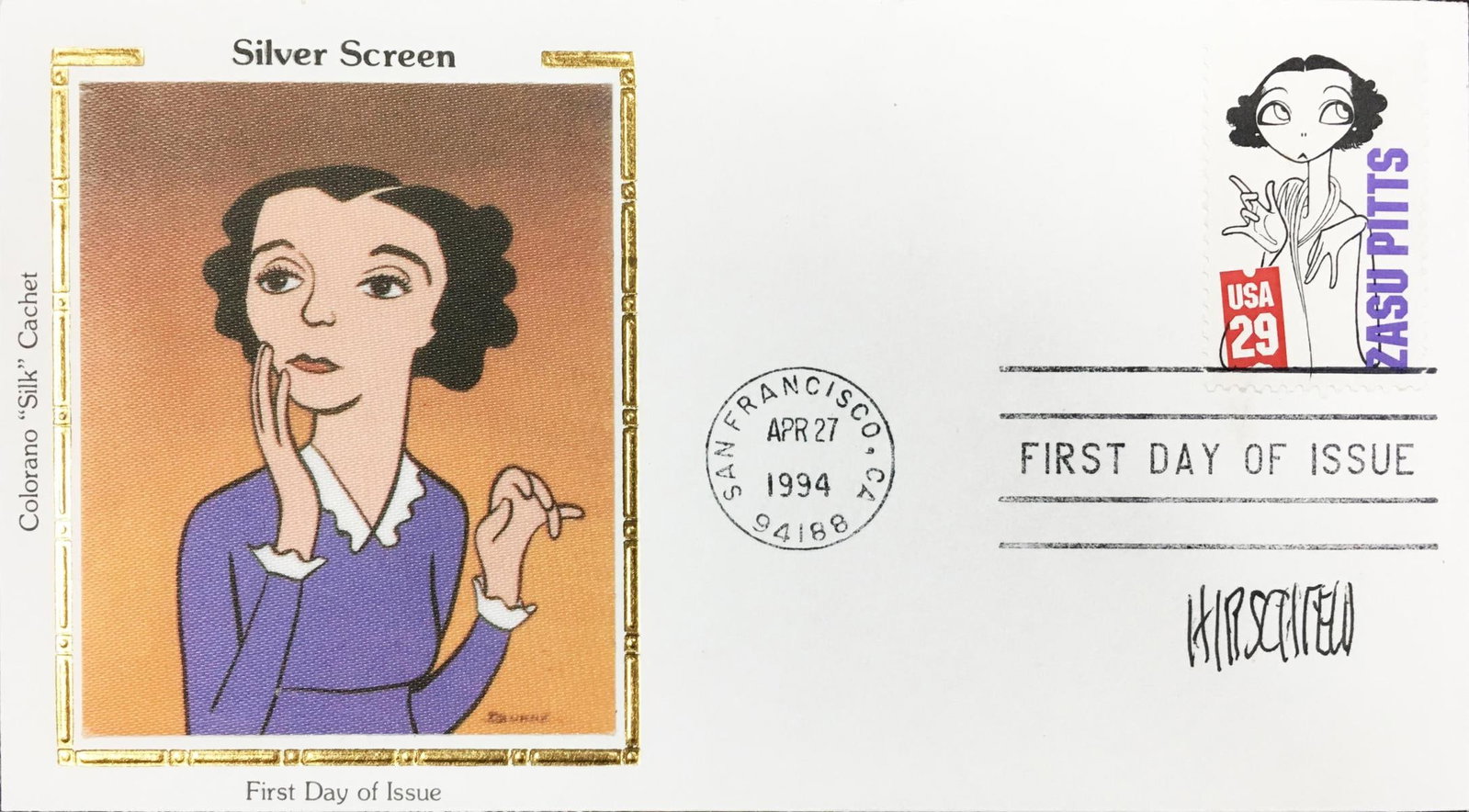Al Hirschfeld and Dunne - Zasu Pitts First Day of Issue: Artist: Al Hirschfeld and Dunne Title: Zasu Pitts First Day of Issue Year: 1994 Dimensions: 3 5/8in. by 6 1/2in. Edition: From the Rare Limited Edition Medium: Original Stamp and Colorano Silk Cachet