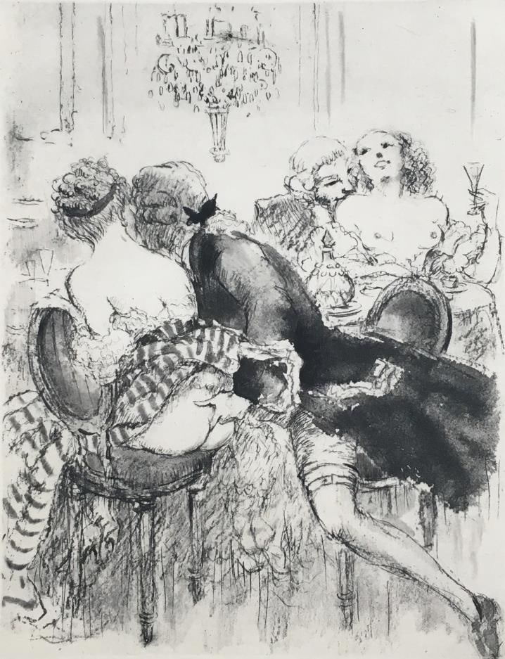 Louis Icart - Original Etching from Felicia ou Mes Fredaines: Artist: Louis Icart Title: Original Etching from Felicia ou Mes Fredaines Year: 1947 Dimensions: 11in. by 8.5in. Edition: From the rare limited edition of 500 Publisher: Georges Guillot Editeur: