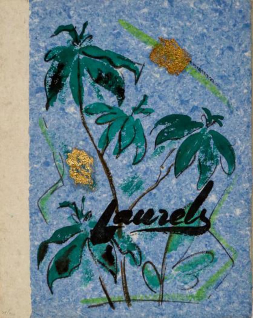 Unknown - Cover page for Laurels: Artist: Unknown Title: Cover page for Laurels Year: 1947 Dimensions: 13.25in. by 16.5in. Edition: From the rare and limited edition of 300 Medium: Screenprint onf cloth Condition: Excellent Comes