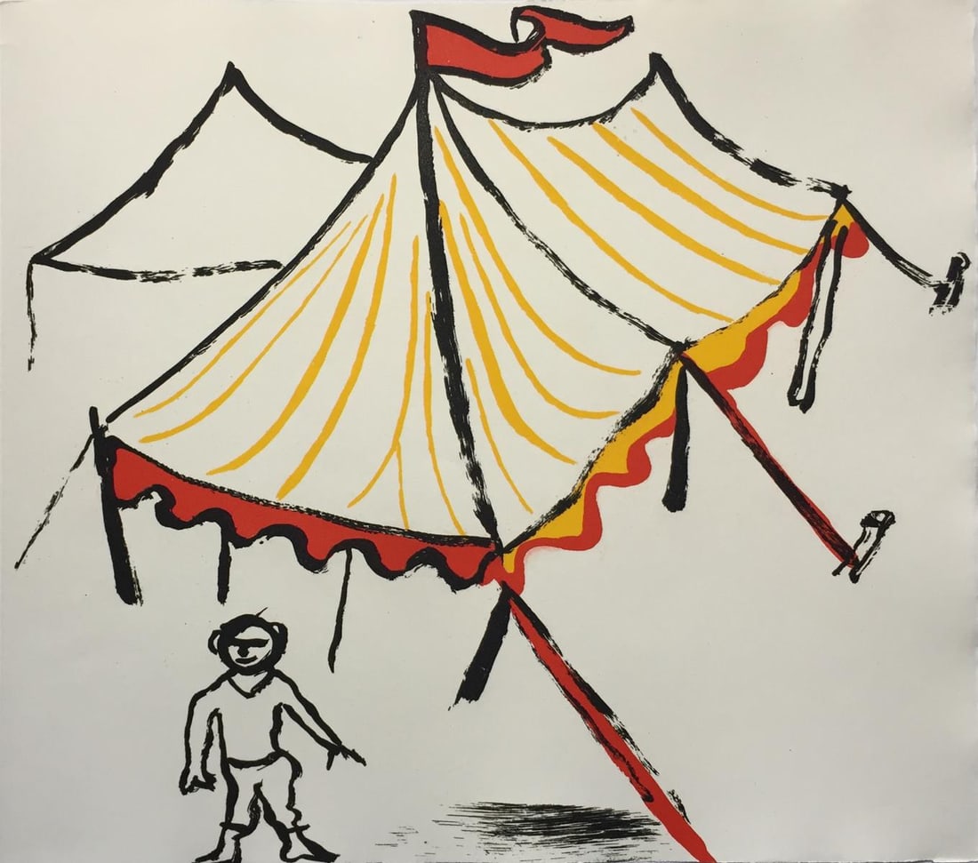 Alexander Calder - Untitled (Figure Under Tent): Artist: Alexander Calder Title: Untitled (Figure Under Tent) Year: 1976 Dimensions: 16 1/4in. by 17 3/4in. Edition: From the Rare Limited Edition of 200 Publisher: Maeght Suite: Le Sacrilege d'Alan