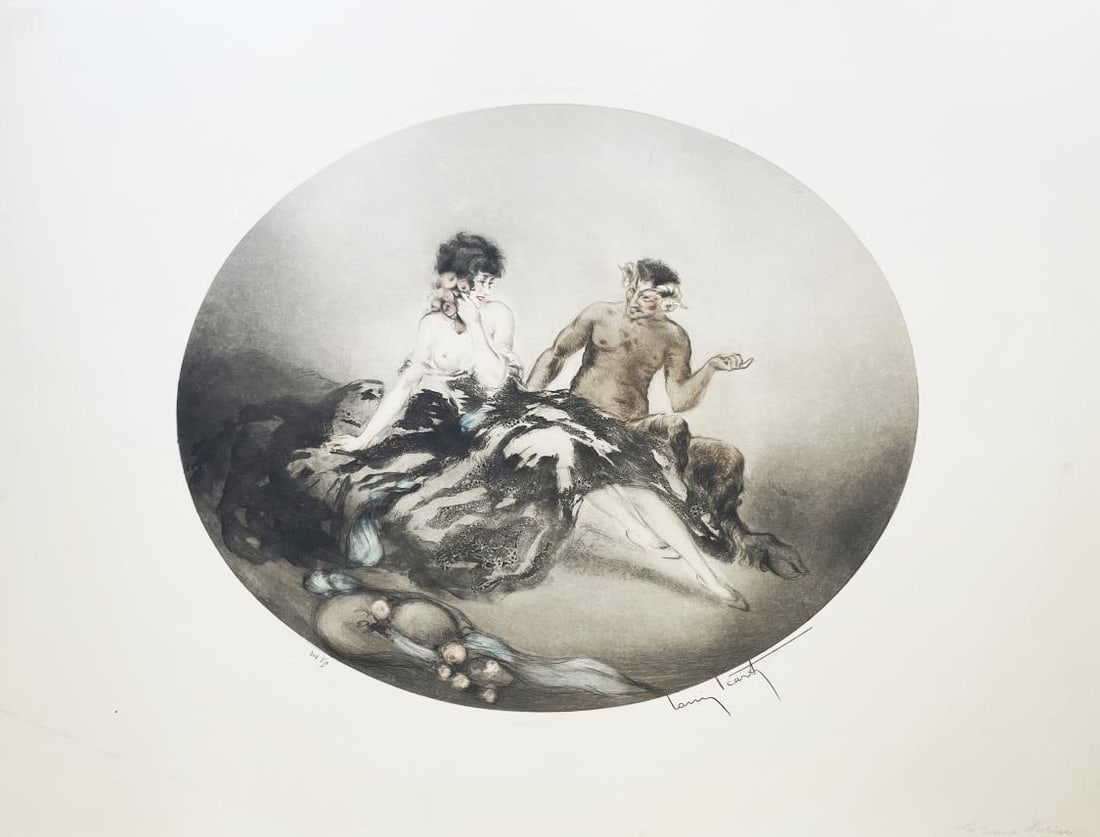 Louis Icart - Temptation: Artist: Louis Icart Title: Temptation Year: 1926 Dimensions: 19 5/8in. by 25 5/8in. Edition: From the rare limited edition Medium: Original Etching with hand watercoloring on paper Condition: