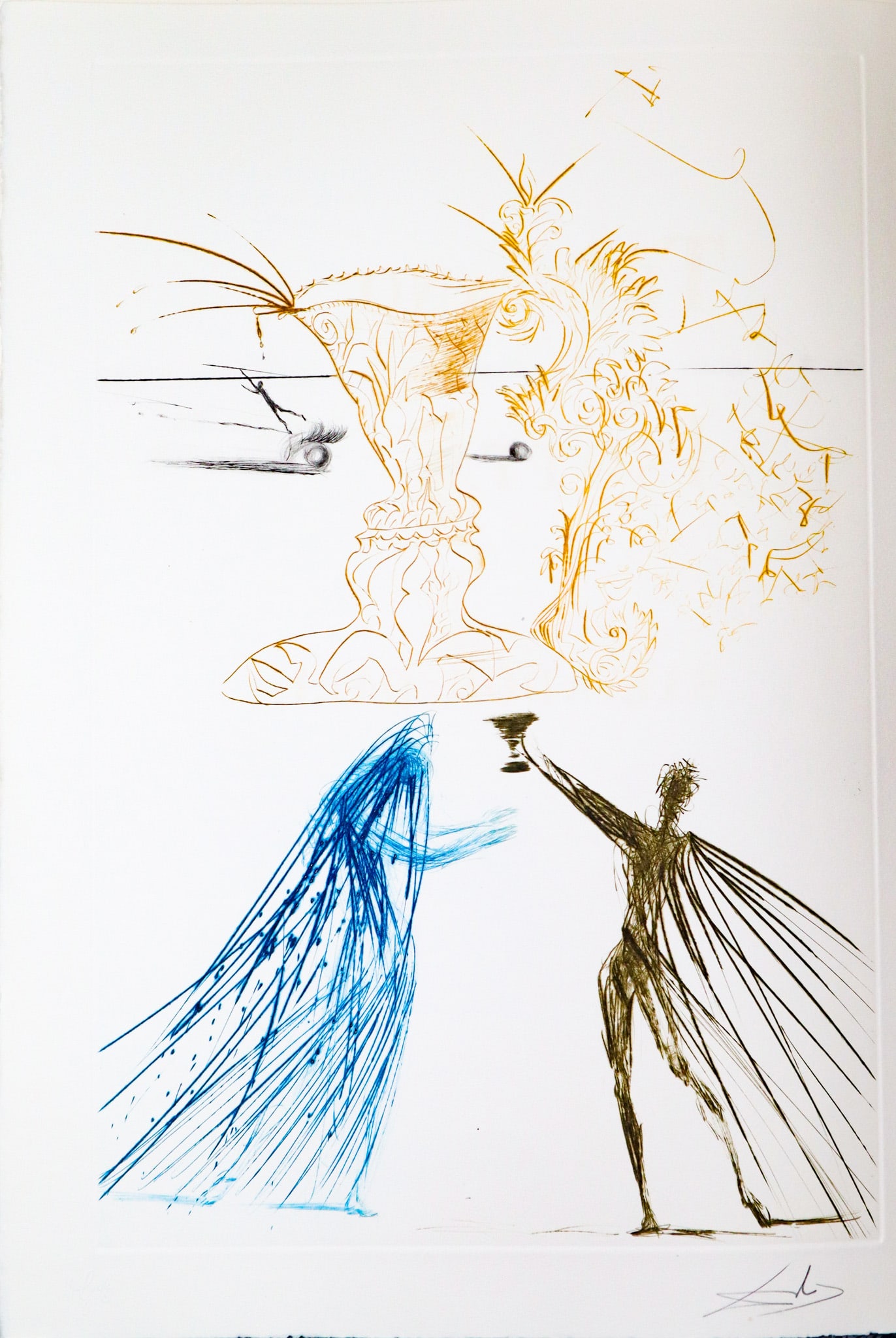 Salvador Dali - Tristan and Iseult: Artist: Salvador Dali Title: Tristan and Iseult Year: 1969 Dimensions: 12 3/4 x 17 5/8 in. Edition: From the limited edition of 125 Suite: Tristan and Isolde Medium: Original color drypoint etching