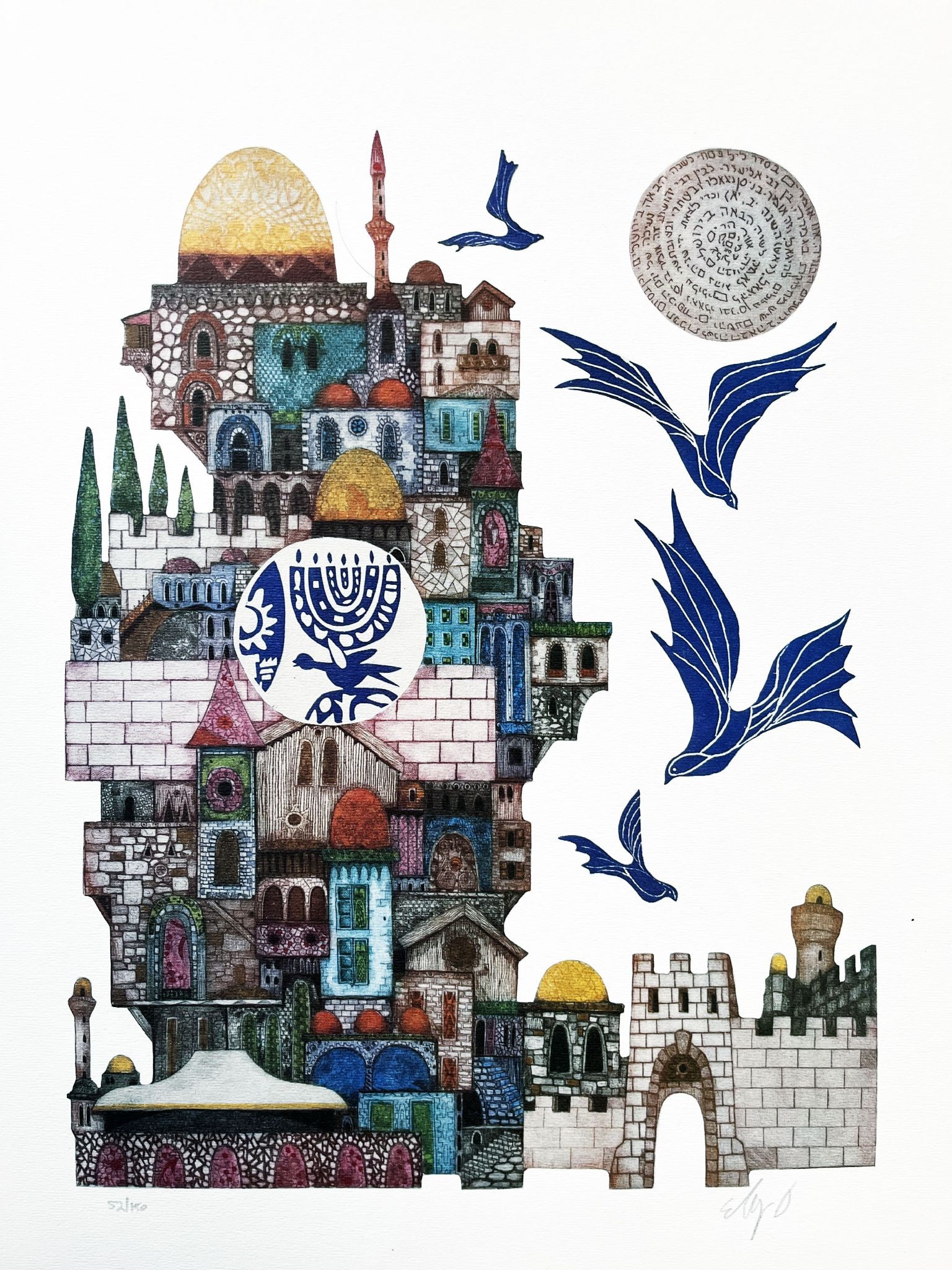 Amram Ebgi - Birds above the City: Artist: Amram Ebgi Title: Birds above the City Dimensions: 13 x 15 in. Edition: From the rare limited edition of 150 Medium: Embossed lithograph on paper Condition: Excellent Signature Details: Hand