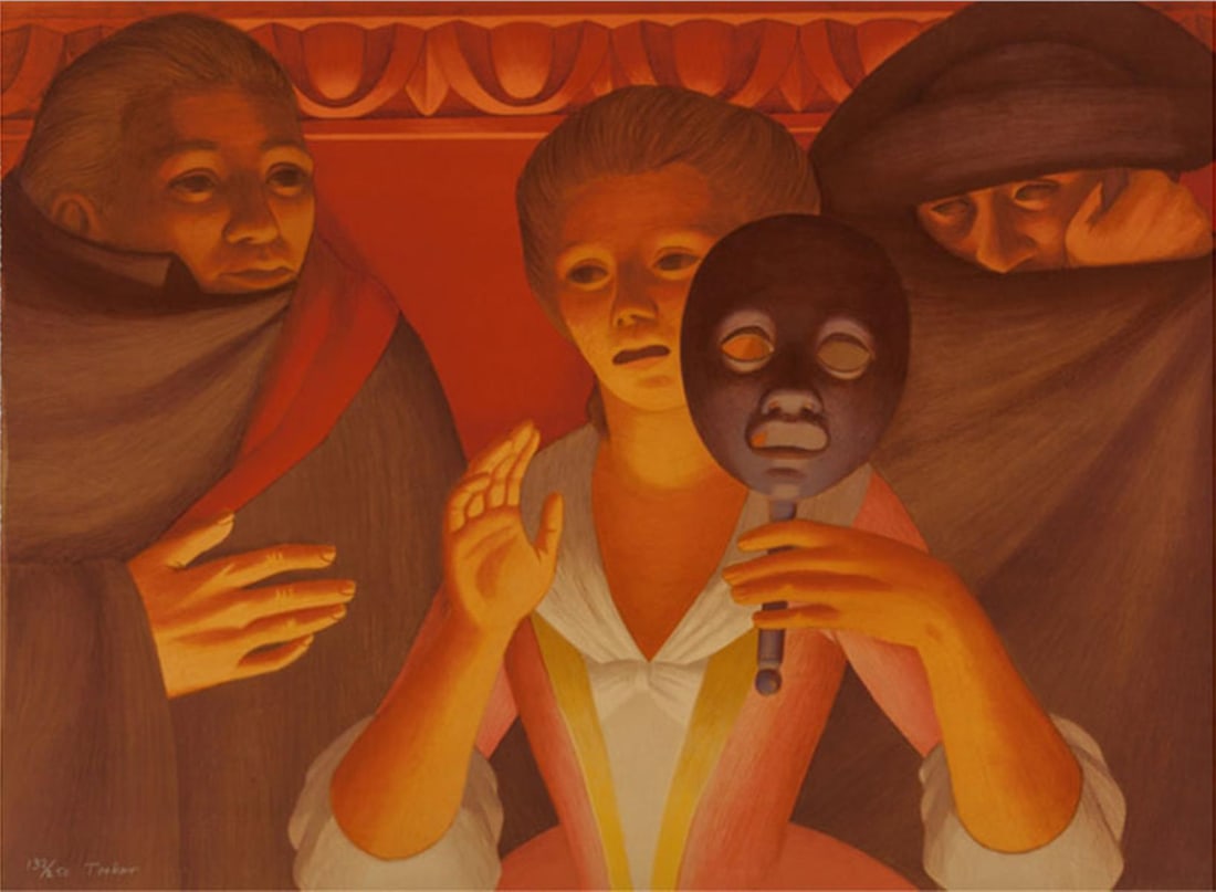 George Tooker - Un Ballo in Maschera: Artist: George Tooker Title: Un Ballo in Maschera Year: 1984 Dimensions: 30 1/2in. by 22 1/4in. Edition: From the rare lmiited edition of 250 Publisher: Circle Fine Arts Corporation and Metropolitan