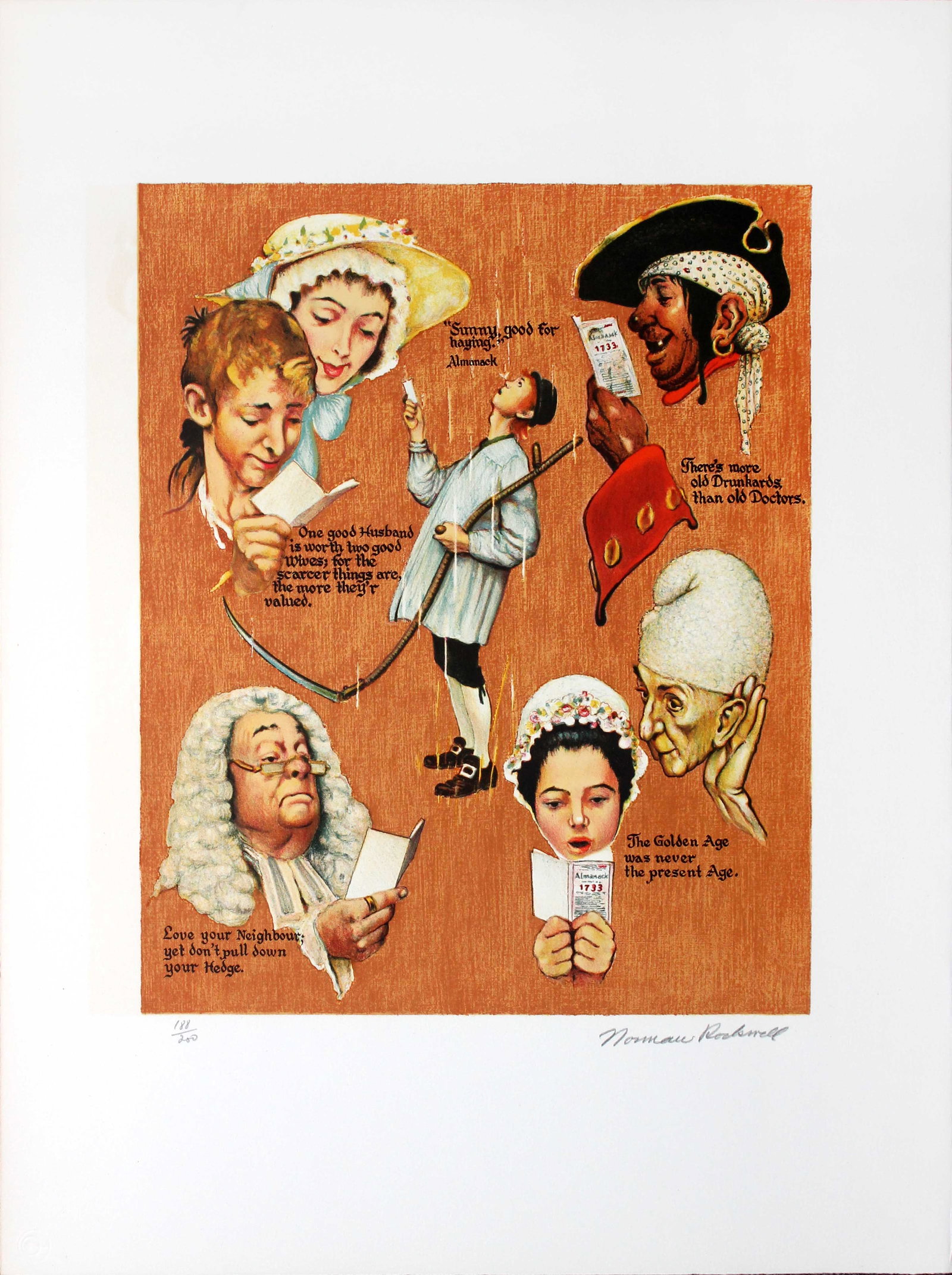 Norman Rockwell - The Golden Age: Artist: Norman Rockwell Title: The Golden Age Year: 1973 Dimensions: 20in. by 26in. Edition: From the limited edition of 200 Publisher: Editions Mourlot Paris Suite: Poor Richard's Almanac Medium: