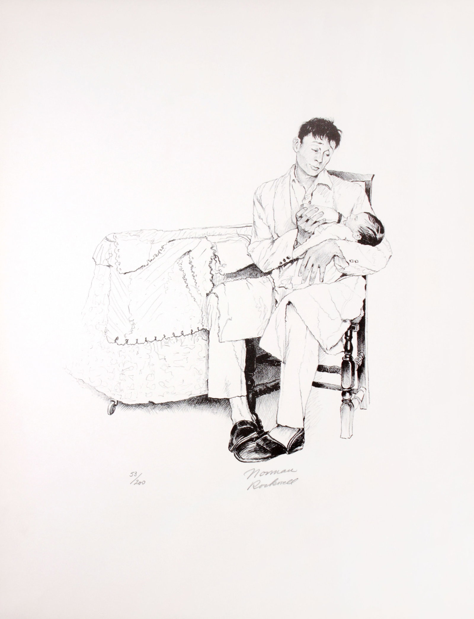 Norman Rockwell - Two O'Clock Feeding: Artist: Norman Rockwell Title: Two O'Clock Feeding Year: 1973 Dimensions: 26 x 20 in. Edition: from the limited edition of 200 Suite: American Family Medium: Original lithograph on paper Condition: