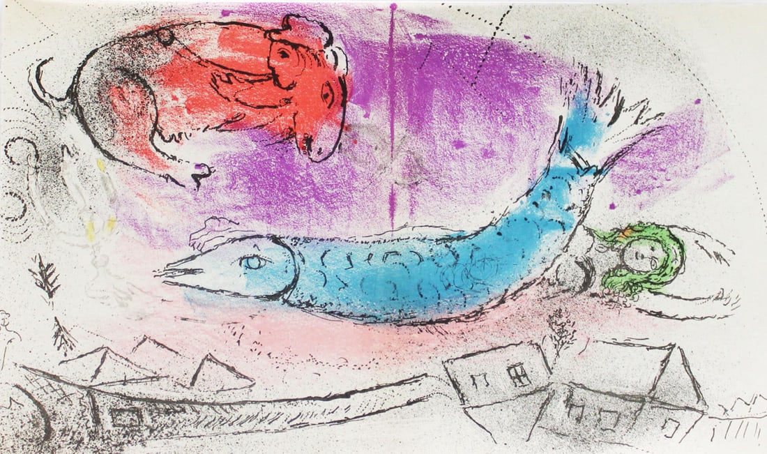 Marc Chagall - Le Poisson Bleu: Artist: Marc Chagall Title: Le Poisson Bleu Year: 1957 Dimensions: 9 1/2in. by 15 1/2in. Edition: From the Rare Limited Edition Publisher: Maeght Editeur Suite: Chagall Medium: Lithograph in Colors
