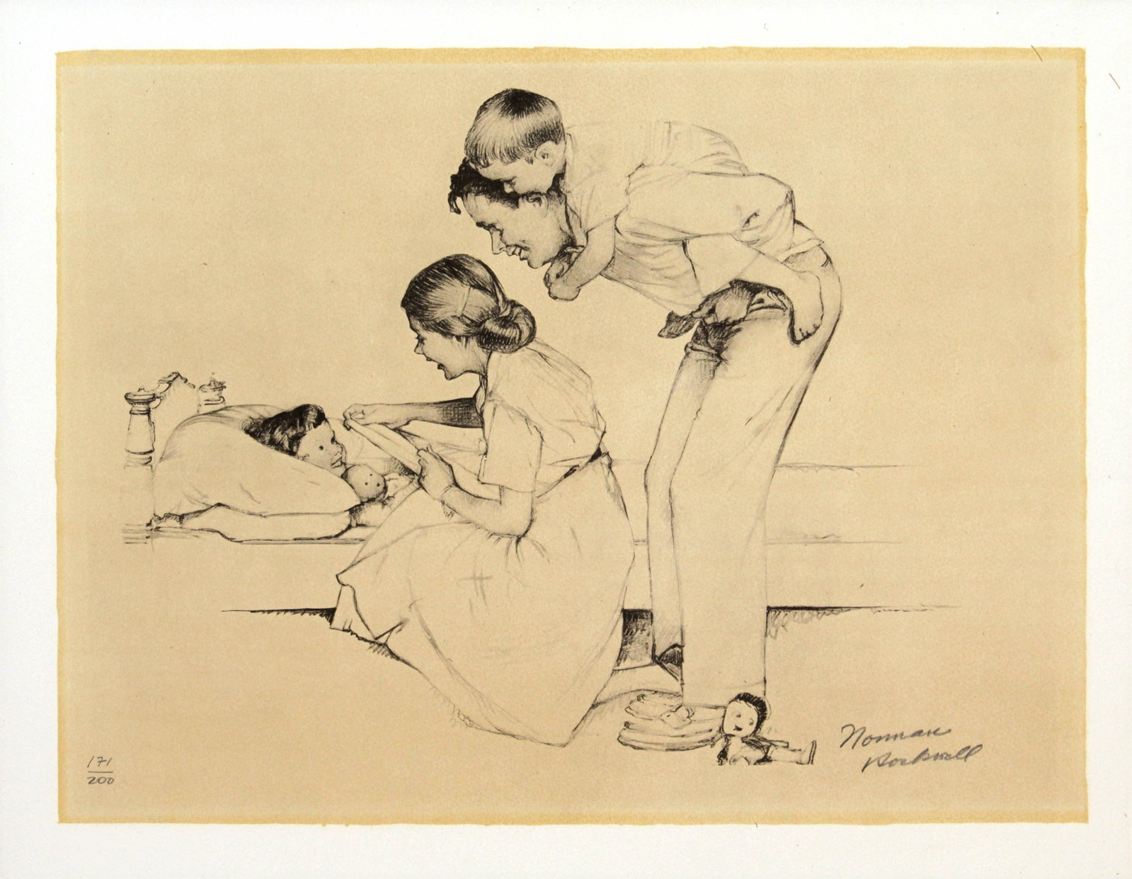 Norman Rockwell - Safe and Sound: Artist: Norman Rockwell Title: Safe and Sound Year: 1974 Dimensions: 17 x 20 in. Edition: 171 from the limited edition of 200 Medium: Original lithograph on paper Condition: Excellent Signature
