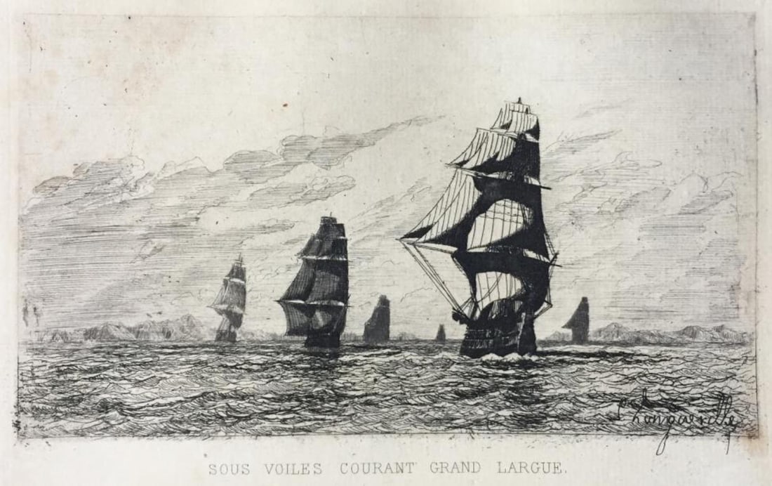 Charles Longueville - Sous Voiles: Artist: Charles Longueville Title: Sous Voiles Year: 1868 Dimensions: 6 5/8in. by 9 7/8in. Edition: From the Rare Limted Edition Publisher: MacMillan and Co. Suite: Etching and Etchers Medium: