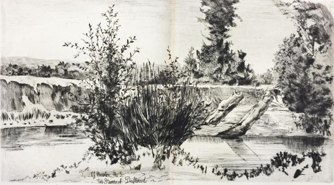 Philip Gilbert Hamerton - Two Stumps of Driftwood: Artist: Philip Gilbert Hamerton Title: Two Stumps of Driftwood Year: 1868 Dimensions: 12in. by 9 7/8in. Edition: From the Rare Limted Edition Publisher: MacMillan and Co. Suite: Etching and Etchers