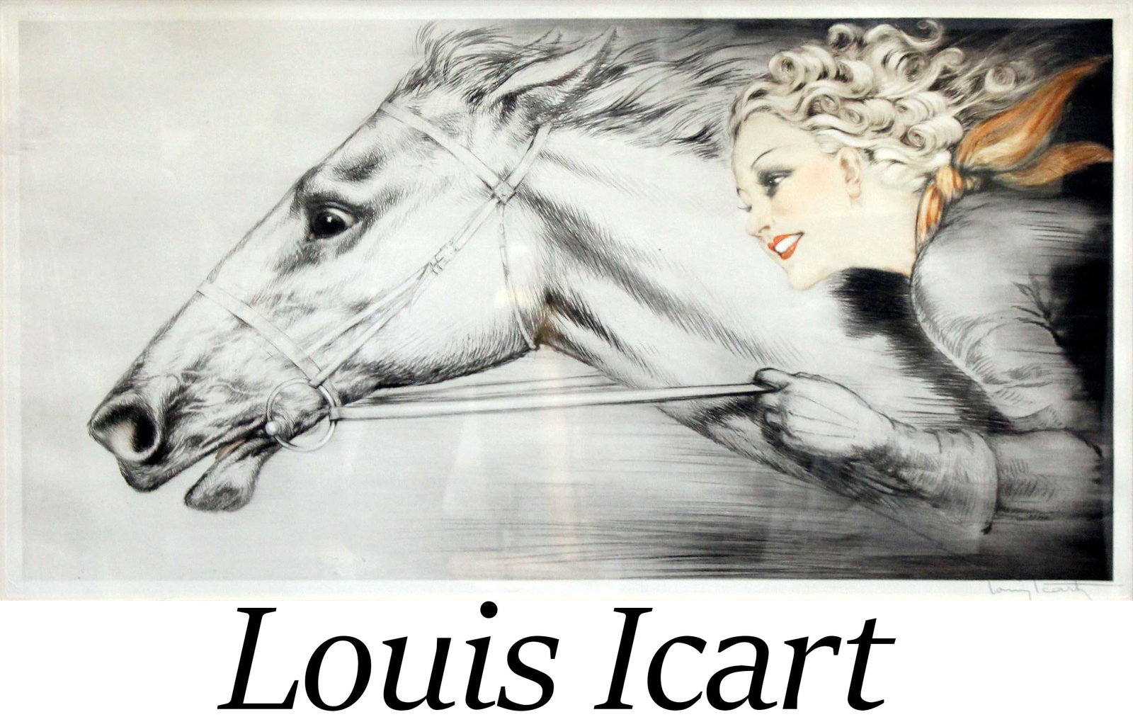 Louis Icart - Thoroughbreds: Artist: Louis Icart Title: Thoroughbreds Year: 1939 Dimensions: 17.75in. by 34.25in. Edition: From the rare limited edition Medium: Original drypoint etching with hand coloring on paper Condition: