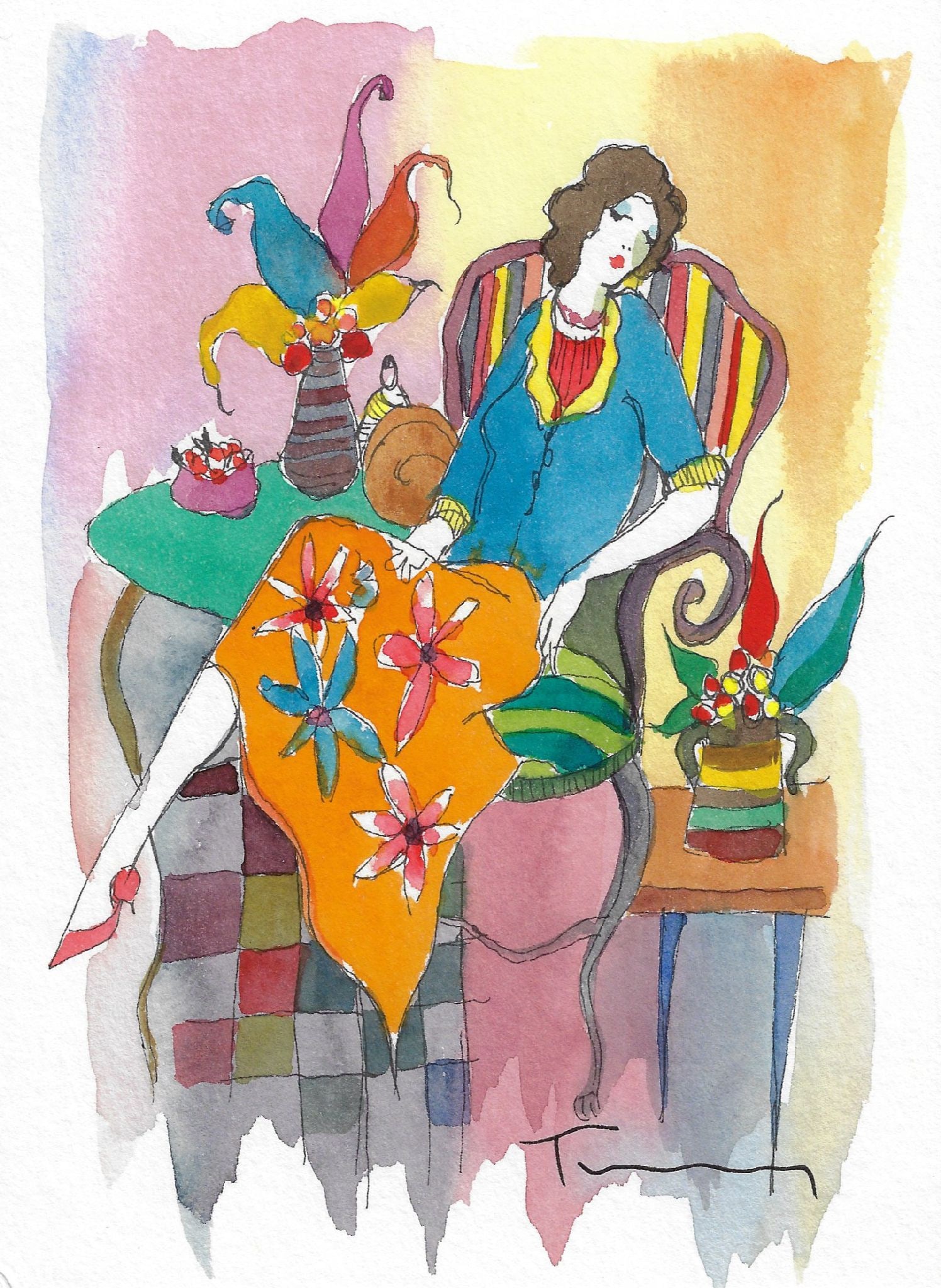 Itzchak Tarkay - Untitled: Artist: Itzchak Tarkay Title: Untitled Dimensions: 7 1/2 x 5 1/2 in. Edition: Original work of art Medium: Mixed media with watercolor on wove paper Condition: