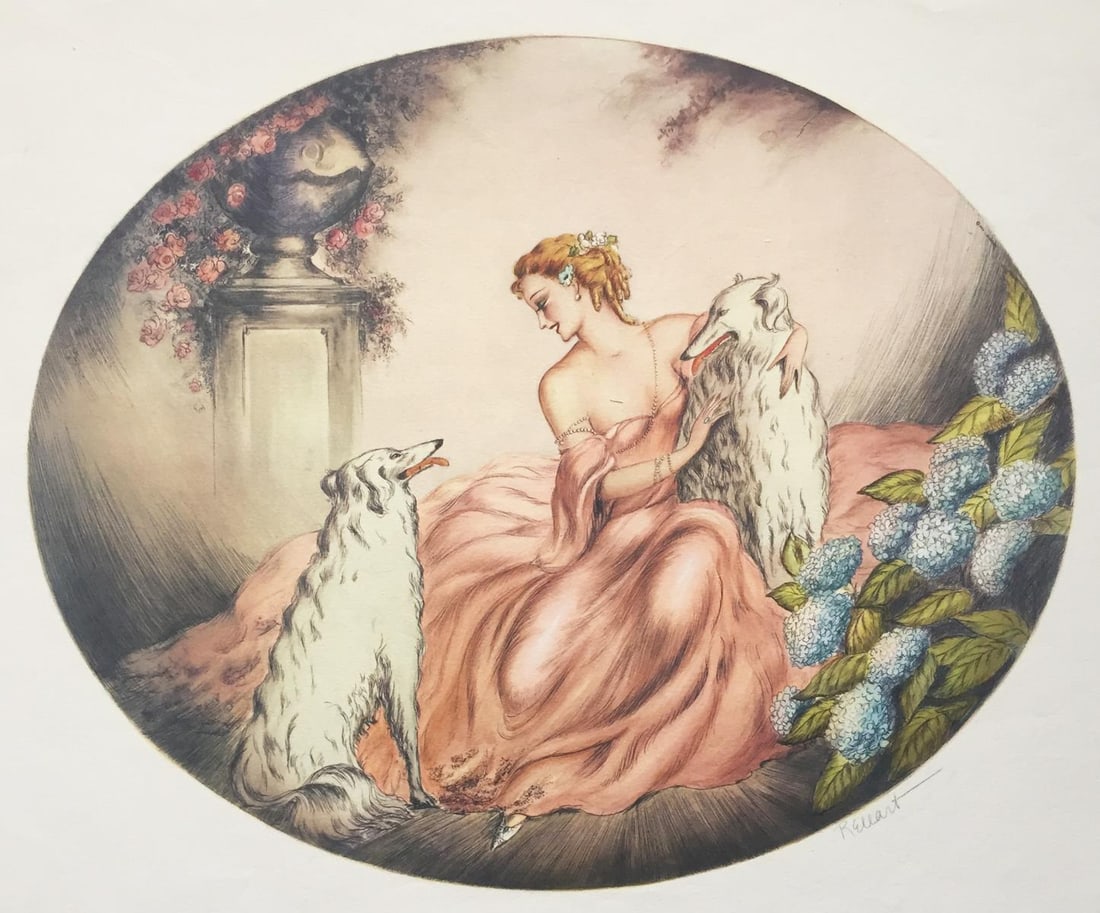 L.C. Renart (In the Style of Louis Icart) - Woman with: Artist: L.C. Renart (In the Style of Louis Icart) Title: Woman with Wolfhounds Year: c. 1936 Dimensions: 26 1/2in. by 21in. Edition: From the Rare Limited Edition Medium: Lithograph in Colors