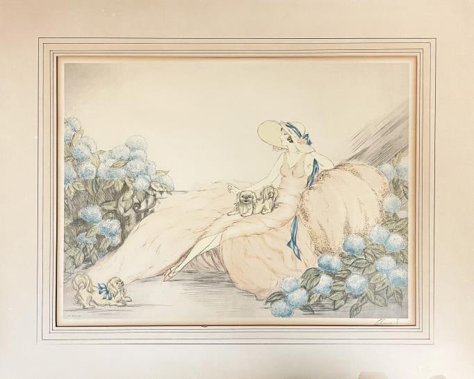 Unknown Artist (In the Style of Louis Icart) - Lady With Blue Flowers: Artist: Unknown Artist (In the Style of Louis Icart) Title: Lady With Blue Flowers Year: c. 1930s Dimensions: 20 in. by 15 1/2in. Edition: From the Rare Limited Edition Medium: Aquatint and Drypoint