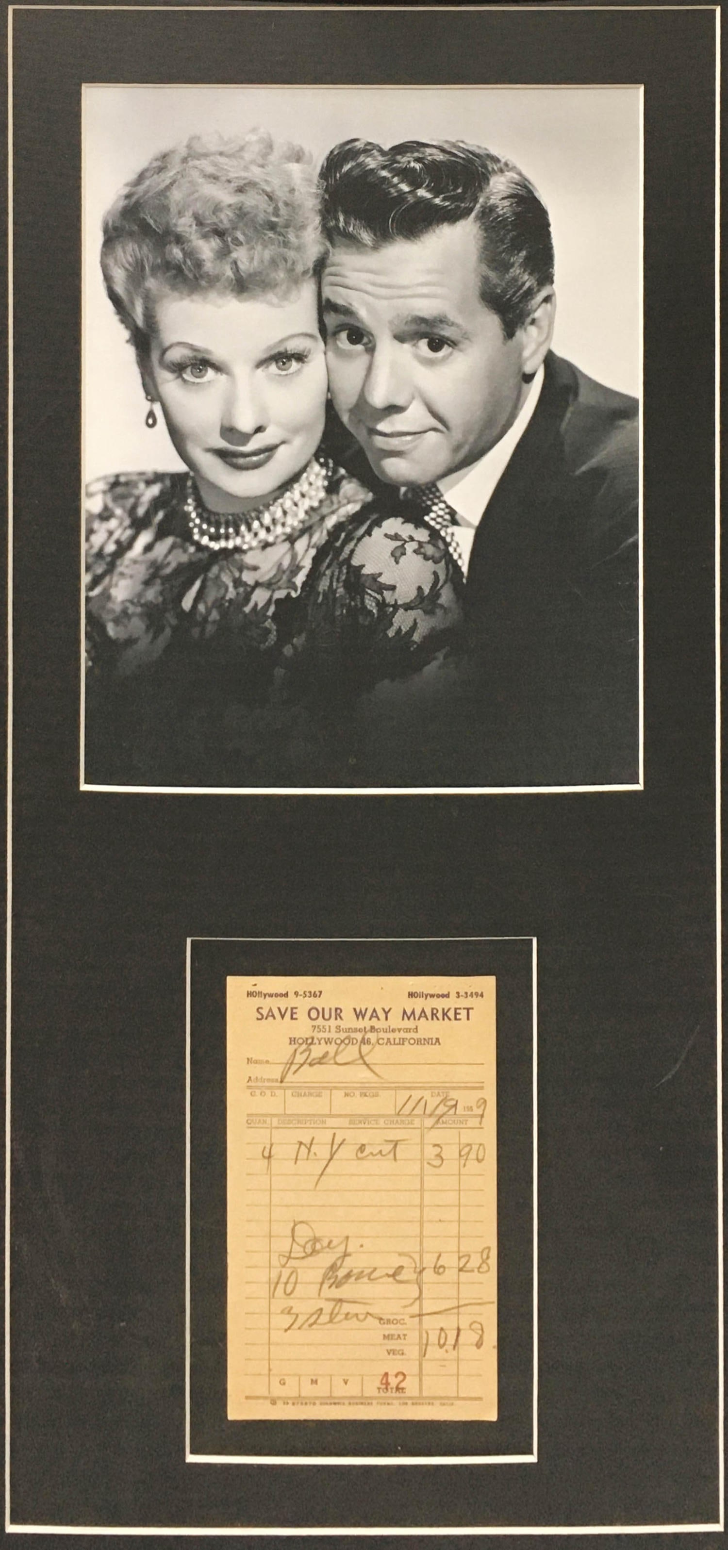 Lucille Ball and Desi Arnaz - Lucy Desi and Signed: Artist: Lucille Ball and Desi Arnaz Title: Lucy Desi and Signed Grocery Bill Year: 1959 Dimensions: 9 1/2in. by 21 3/4in. Edition: Unique One of a Kind Artwork Medium: Original Photograph and Hand