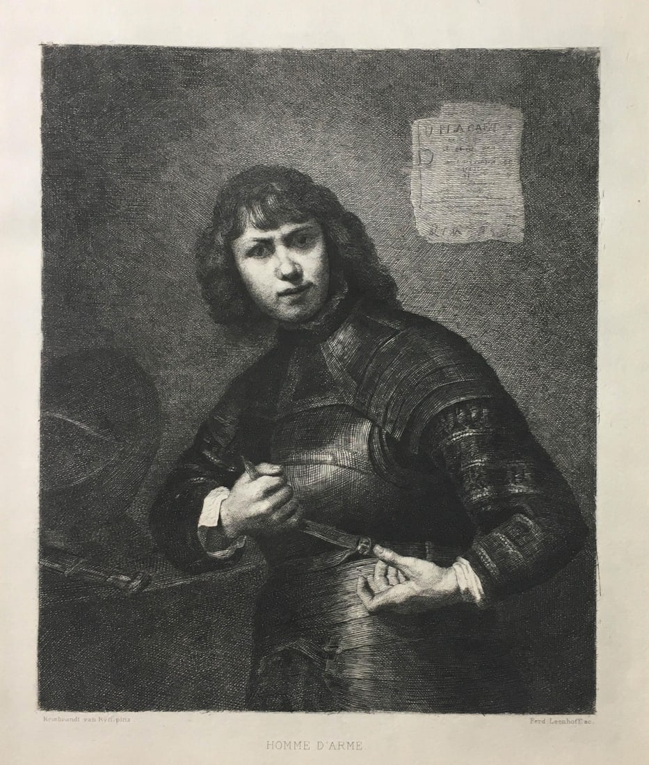 Ferdinand Leenhoff after Rembrandt - Young Man 1880: Artist: Ferdinand Leenhoff after Rembrandt Title: Young Man in Armour Year: 1879 Dimensions: 7 7/8in. by 6 1/2in. Edition: From the rare limited edition Medium: Etching after Original Oil Painting