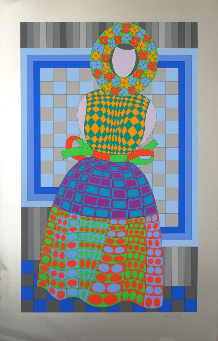 Victor Vasarely "Woman" on silver paper: Artist: Victor Vasarely Title: Woman Medium: Original serigraph on silver paper Size: 30 1/2" x 19 5/8" Edition: From the limited edition of CL Signature: Hand signed by Vasarely in pencil Year: