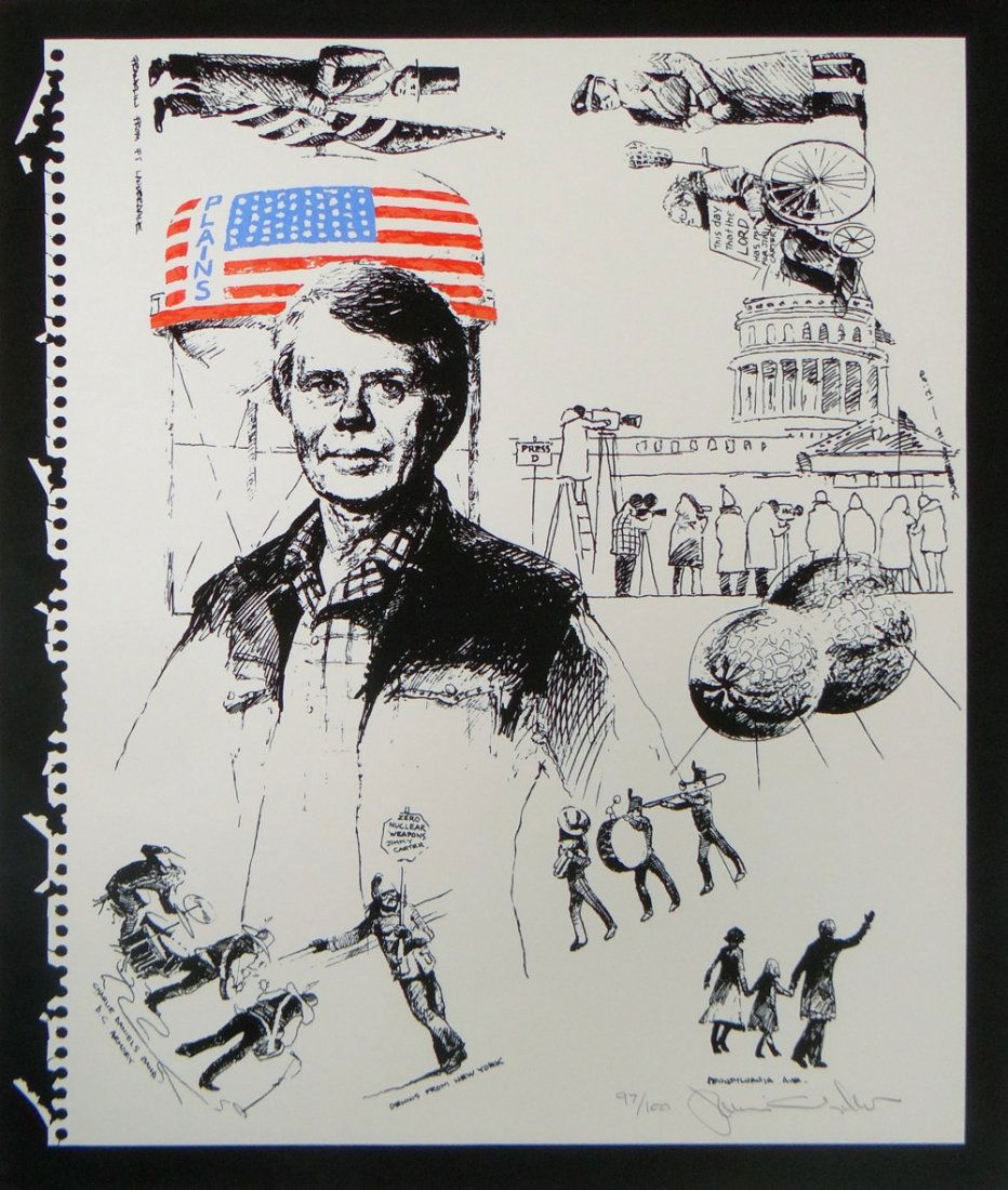 Jamie Wyeth "Jimmy Carter": Artist: Jamie Wyeth Title: Jimmy Carter Medium: Original lithograph Size: 23" x 20" Edition: From the limited edition of 100 Signature: Hand signed, lower right. Year: 1976 COA