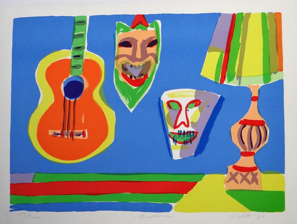 John Grillo "Guitarra": Artist: John Grillo Title: Guitarra Medium: Original serigraph in colors Year: 1980 Size: 26" x 33" Edition: Limited edition of 200 plus proofs Signature: Hand signed, dated and titled in pencil