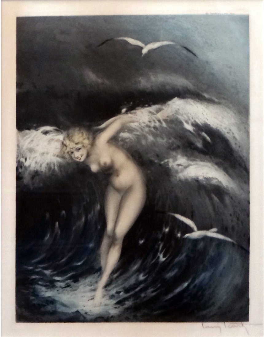 Louis Icart "Venus in the Waves": Artist: Louis Icart Title: Venus in the Waves Year: 1931 Medium: Original drypoint etching with hand watercolor Edition: Limited edition of 250 impressions Size: 19" x 15 3/8" Catalogue: Fig. 41