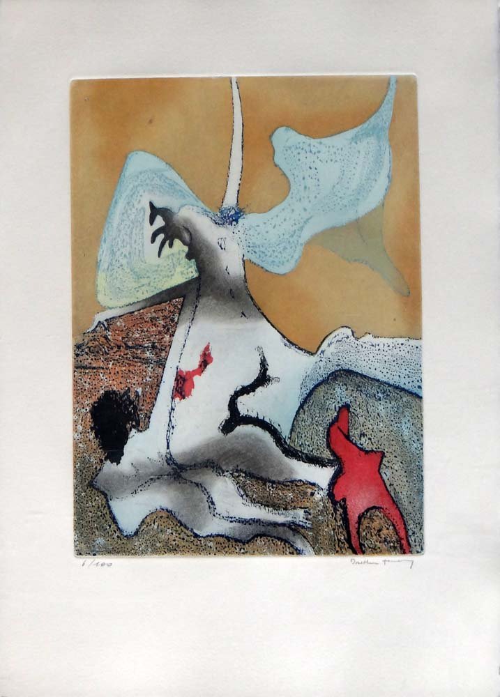 Dorothea Tanning "Untitled": Artist: Dorothea Tanning Title: Untitled Suite: La Mysticite Charnelle de Rene Crevel Year: 1976 Medium: Original sugar-lift aquatint and aquatint in 7 colors Edition: From the limited edition of 100
