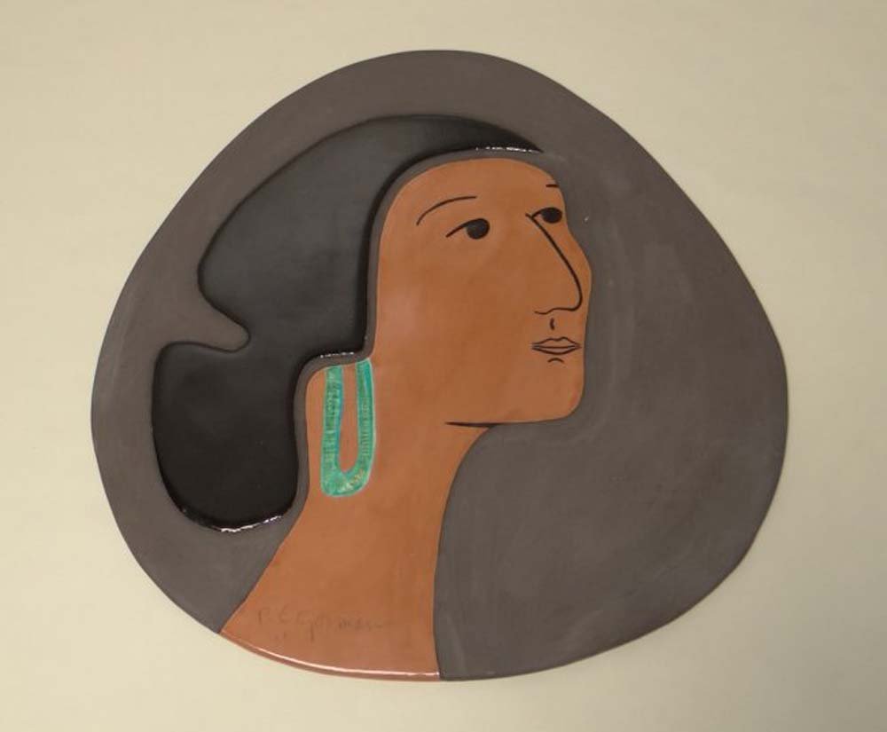 R.C. Gorman "Miriam": Artist: R.C. Gorman Title: Miriam Medium: Original painted and glazed ceramic plaque Date: 1980 Edition: From the rare limited edition of 100 Size: 15 1/2" x 15" Publisher: Gorman Editions/Greg