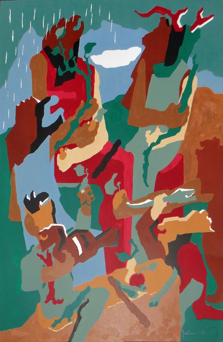 Jacob Lawrence "Celebration of Heritage": Artist: Jacob Lawrence Title: Celebration of Heritage Medium: Original lithograph in colors Year: 1991 Size: 29" x 22" Edition: From the limited edition of 150 Publisher: American Indian Heritag