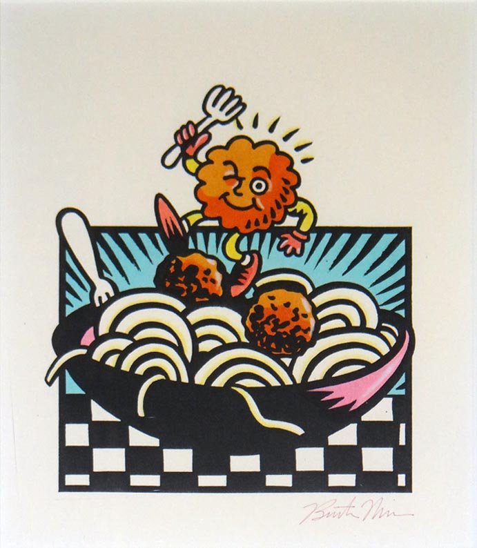 Burton Morris "Spaghetti & Meatballs": Artist: Burton Morris Title: Spaghetti & Meatballs Medium: Original gouache on paper Edition: Unique original work of art Size: 5 1/2" x 5 1/2" (image) Signature: Hand signed by the artist C