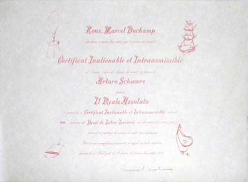 Marcel Duchamp "Certificat Inalienable et: Artist: Marcel Duchamp Title: Certificat Inalienable et Intransmissible Suite: Memento Universel Da Costa Medium: Original lithograph on paper Edition: From the limited edition Size: Sign