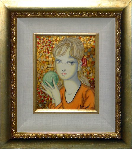 Foussa Itaya "Portrait of a Girl wth Fruit": Artist: Foussa Itaya Title: Portrait of a Gril with Fruit Year: 1967 Medium: Original oil painting on canvas Edition: Unique original work of art Size: 10 1/2" x 8 3/4" Signature: Hand sig