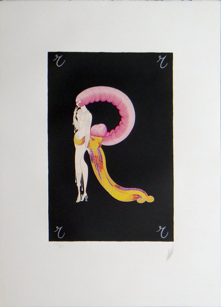 Erte "Letter R": Artist: Erte Title: Letter R Suite: Alphabet Suite Year: 1976 Medium: Original serigraph in colors on paper Edition: From the limited edition of 350 Publisher: Circle Fine Arts Size: 25 1/2" x 18 3/4"