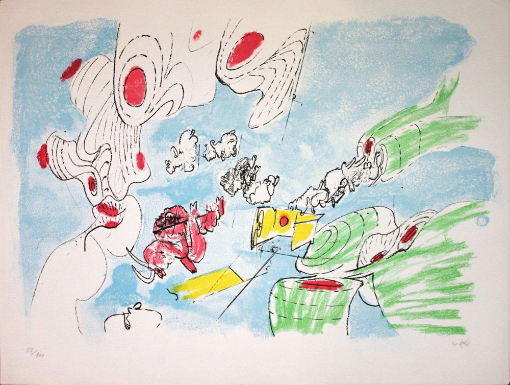 Roberto Matta, one plate from "Hecatombe de Toros": Artist: Roberto Matta Title: Hecatombe de Toros VI Suite: Hecatombe de Toros Year: 1971 Medium: Original lithograph in colors on Arches paper Edition: From the limited edition of 100 Printer: Atelier
