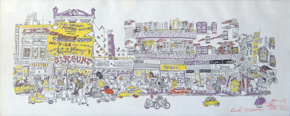Red Grooms "Discount Store": Artist: Red Grooms Title: Discount Store Year: 1971 Medium: Original offset lithograph exhibition poster with original hand drawing Edition: Unique, from the limited edition Size: 12 1/4" x 29 1/4" Si