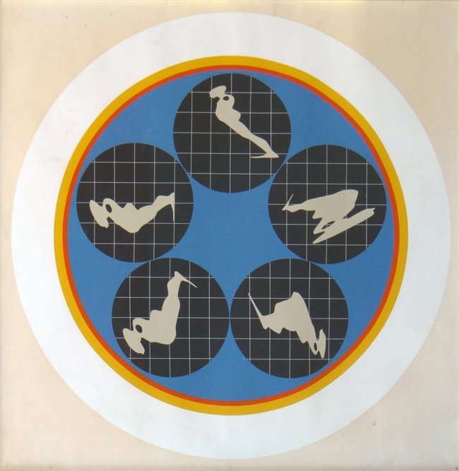 Ernest Trova, one plate from "Floating Man Manscapes": Artist: Ernest Trova Title: Untitled Suite: Floating Man Manscapes Year: 1969 Medium: Original serigraph in colors on paper Edition: From the limited edition of 175 Publisher: Pace Editions, New York