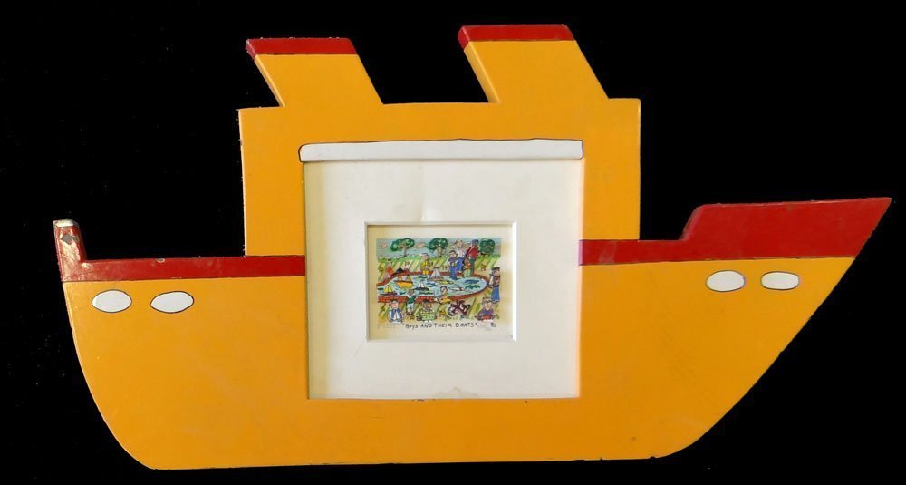 James Rizzi "Boys and their Boats": Artist: James Rizzi Suite: Boys and their Boats Medium: Original 3D serigraph in custom wooden sculptural frame Year: 1990 Size: 10 1/2" x 20", Image size 2" x 3" Edition: Limited edition of 350