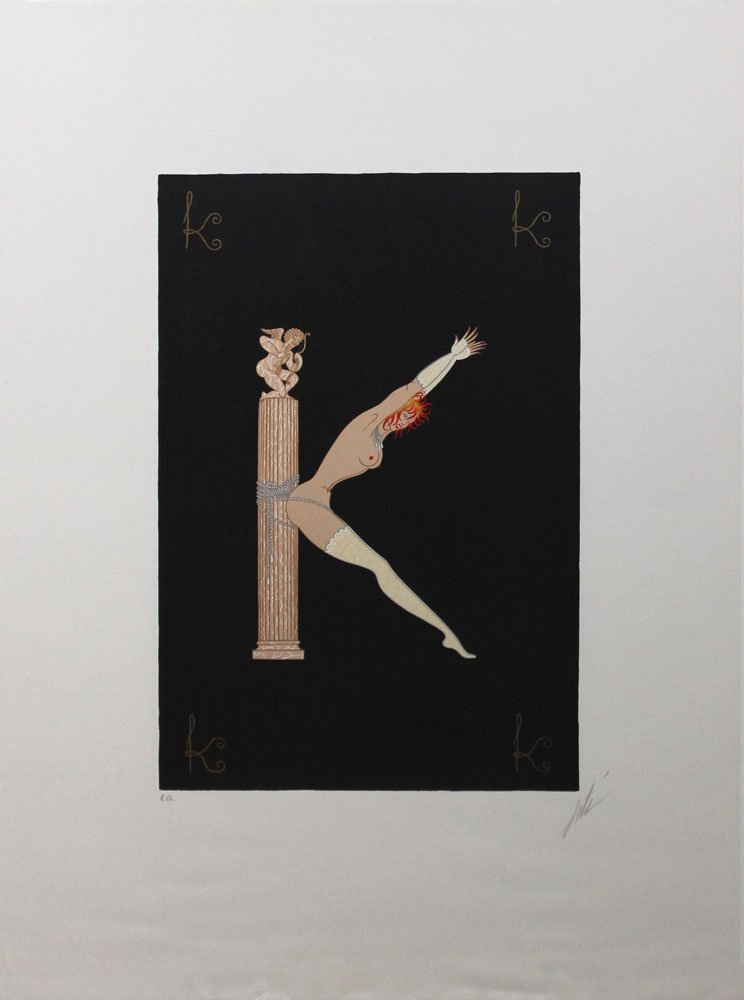 Erte "Letter K": Artist: Erte Title: Letter K Suite: The Alphabet Suite Year: 1976 Medium: Original lithograph and serigraph in colors on paper Edition: EA aside from the limited edition Size: 15 3/4" x 10 1/2" (image