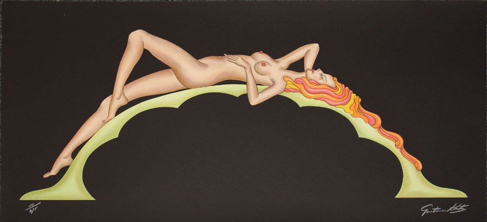 Gustave Kaitz "Reclining Nude": Artist: Gustave Kaitz Title: Reclining Nude Medium: Original lithograph in colors on paper Edition: From the limited edition of 275 Size: 15" x 29 1/2" Signature: Hand signed by the artist in white pe