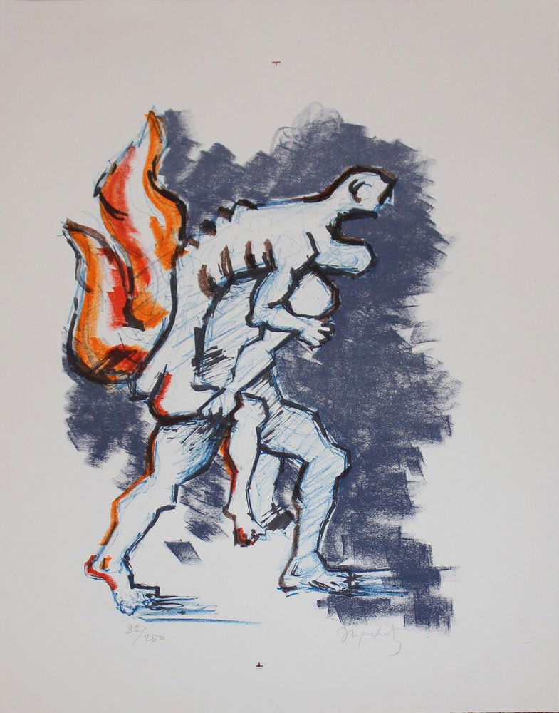 Jacques Lipchitz, one plate from "Flight Portfolio": Artist: Jacques Lipchitz Title: Untitled Year: 1971 Medium: Original lithograph in colors on wove paper Edition: From the limited edition of 250 Size: 24" x 17 1/4" Signature: Hand signed by the