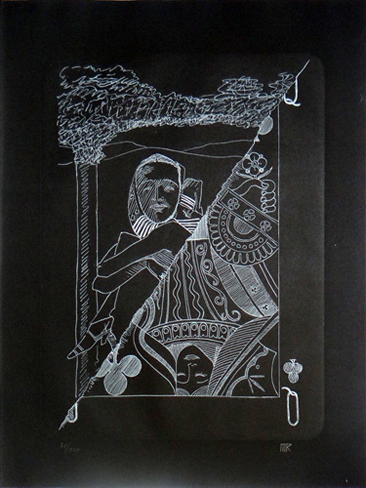 Man Ray "Queen of Clubs": Artist: Man Ray Title: Dame de Trefle (Queen of Clubs) Year: 1970 Medium: Original etching in white ink on black paper Edition: From the limited edition of 100 Size: 25 1/4" x 19 3/4" Signature: