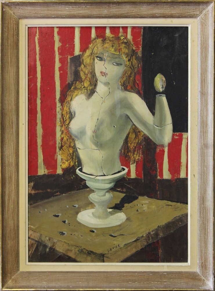 Charles Levier original painting: Artist: Charles Levier Title: Untitled (Surreal Bust) Medium: Original oil painting on fiberboard Edition: Unique, original work of art Size: 21 1/2" x 14 1/2" Signature: Hand signed by the artist <