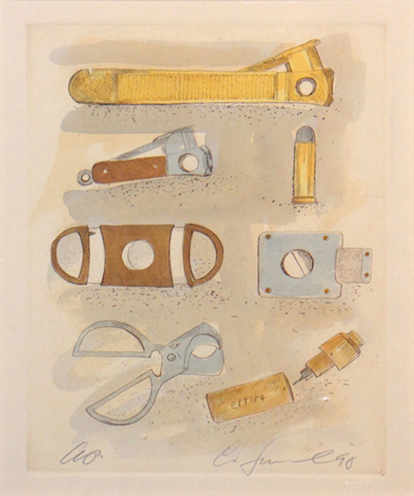Charles Leonard "Cigar Cutters": Artist: Charles Leonard Title: Cigar Cutters Medium: Original etching in colors on paper Edition: Proof aside from the limited edition Size: 15" x 11" Signature: Hand signed by the artist in pencil