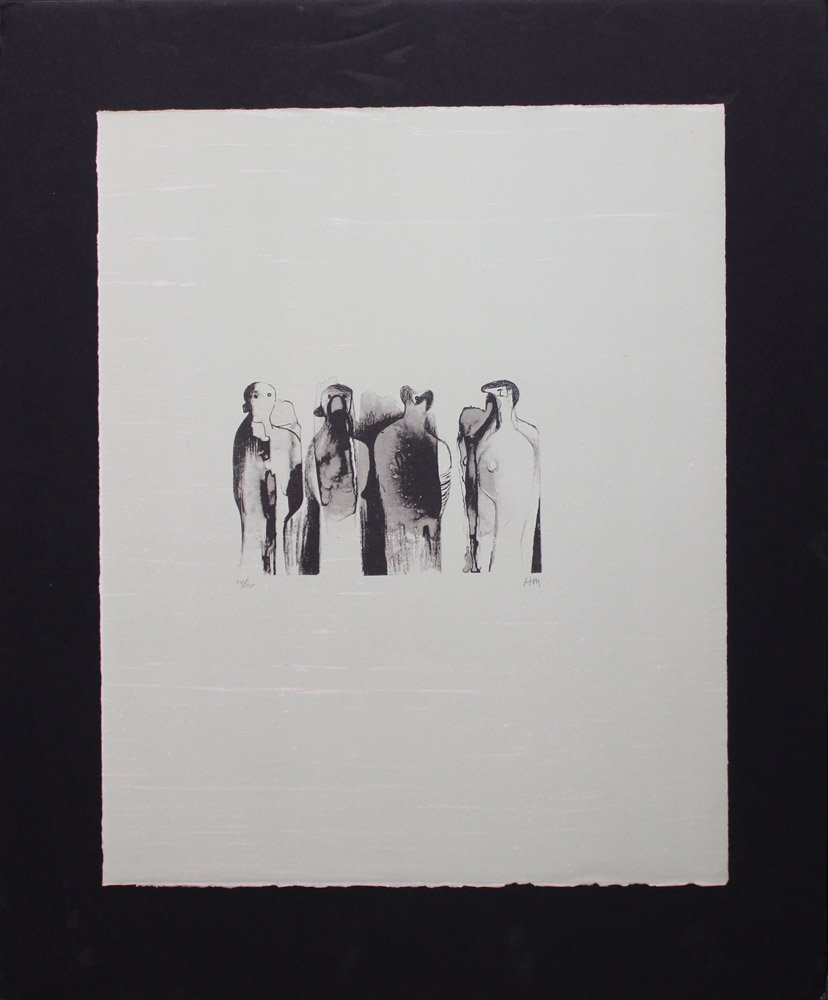 Henry Moore "Four Standing Figures": Artist: Henry Moore Title: Four Standing Figures Suite: La Poesie Year: 1976 Medium: Original lithograph in colors on paper Edition: From the limited edition of 110 Publisher: Curwen Studio, Lon