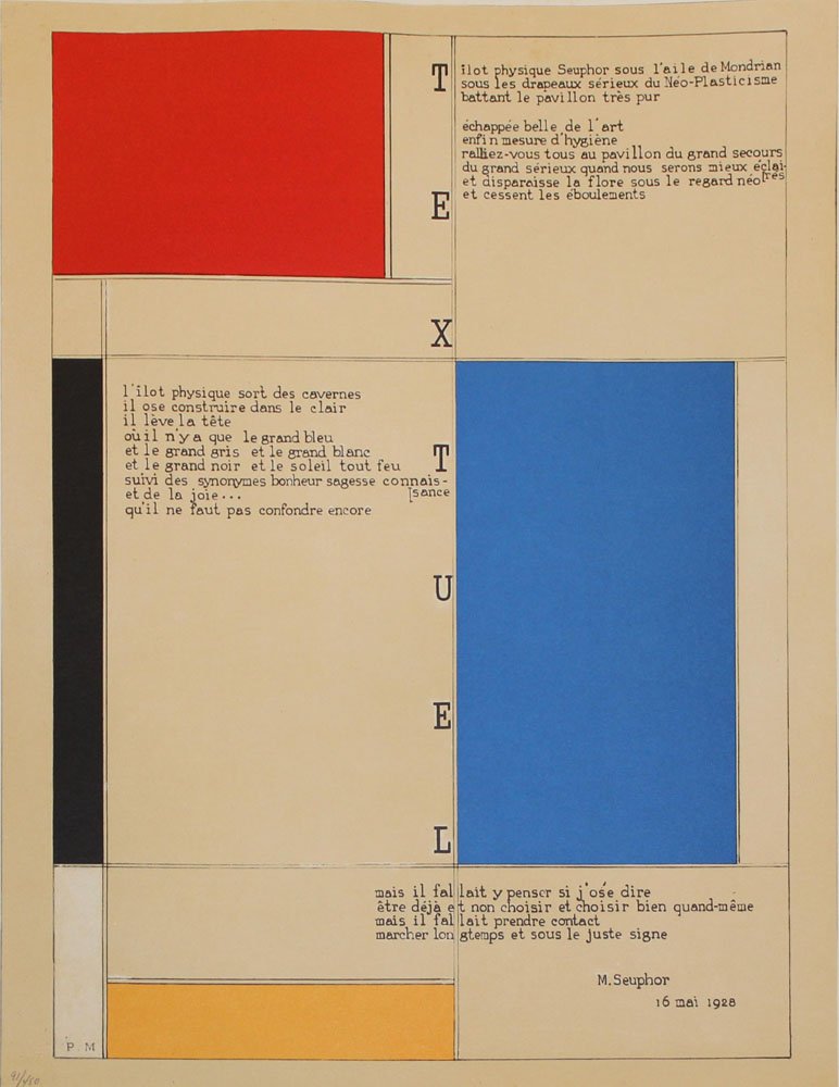 Piet Mondrian "Tableau-poeme: textuel": Artist: Piet Mondrian (after) Title: Piet Mondrian "Tableau-poeme: textuel" Suite: 40 Disegni di Maestri Moderni Year: 1961 Medium: Offset lithograph in colors on paper Edition: From the limited editi