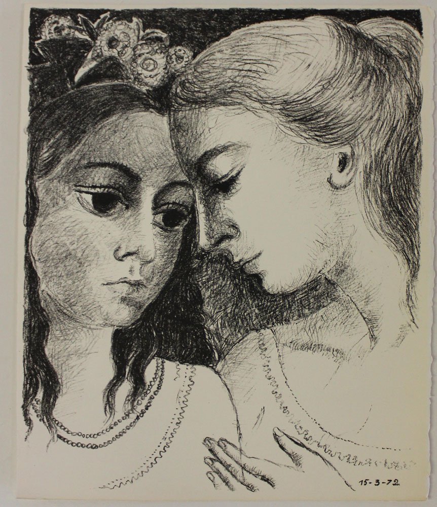 Paul Delvaux "Confidences": Artist: Paul Delvaux Title: Confidences Suite: Souvenirs de Portraits d'Artistes. Jacques Prevert: Le Coeur a l'ouvrage. Year: 1972 Medium: Original lithograph on vellum Edition: From the limited edit