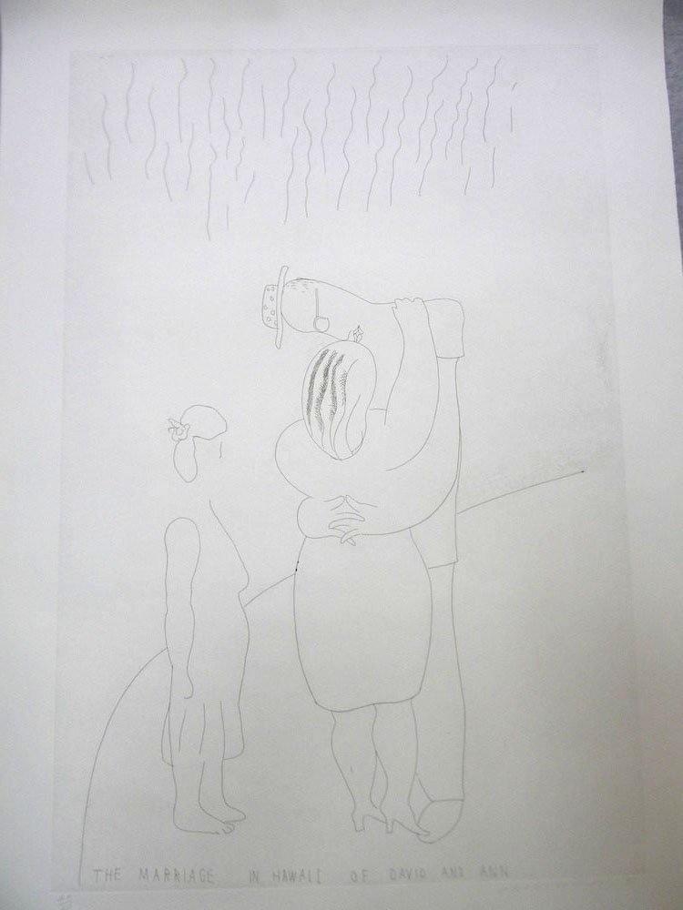 David Hockney "The Marriage of David and Ann in Hawaii": Artist: David Hockney Title: The Marriage of David and Ann in Hawaii Year: 1983 Medium: Original lithograph on paper Edition: From the limited edition of 60 Size: 37" x 25 1/2" Signature: Hand s