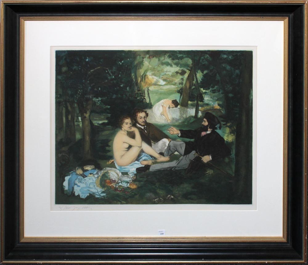 Jacques Villon "Les Dejeuner Sur L'Herbe (after Manet)": Artist: Jacques Villon Title: Les Dejeuner Sur L'Herbe (after Manet) Year: 1929 Medium: Aquatint in colors after an original painting by Edouard Manet Edition: From the limited edition of 200 Publishe