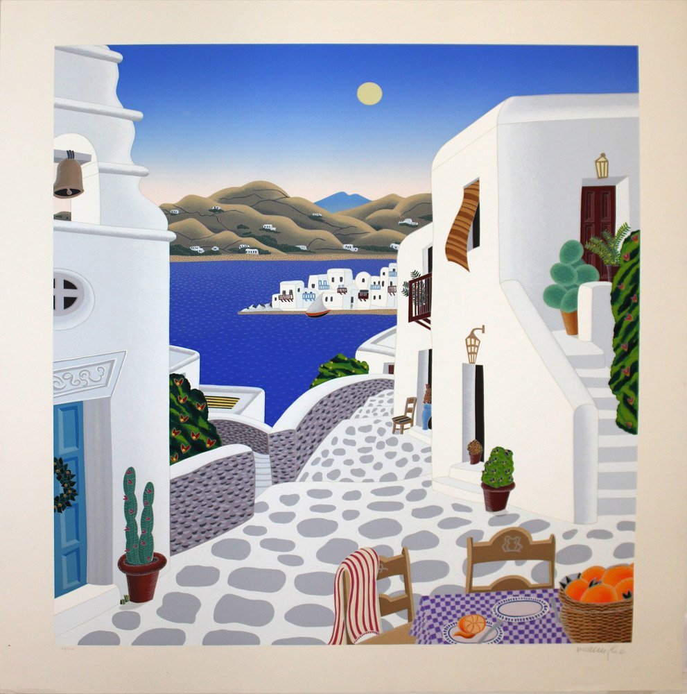 Thomas McKnight "Aegean Lane": Artist: Thomas McKnight Title: Aegean Lane Suite: Aegean Suite Year: 1981 Medium: Original serigraph in colors on Coventry white vellum paper Edition: From the limited edition of 200 Size: 35 1/