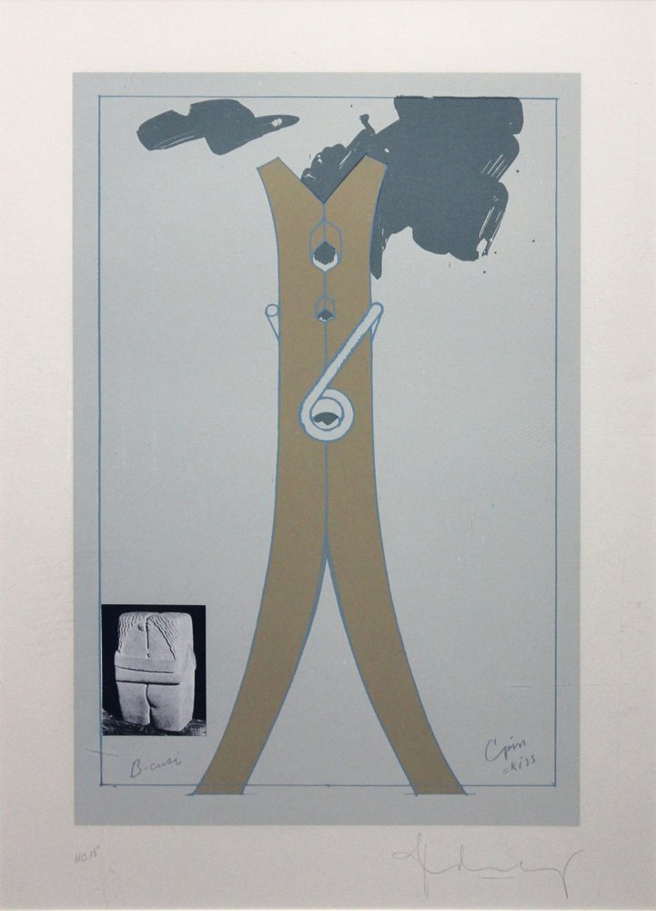 Claes Oldenburg "Clothespin": Artist: Claes OldenburgTitle: Proposal for a Colossal Structure in the Form of a Clothespin - Compared to Brancusi's KissYear: 1972Medium: Original silkscreen in colors on wove paperEdition: HC aside